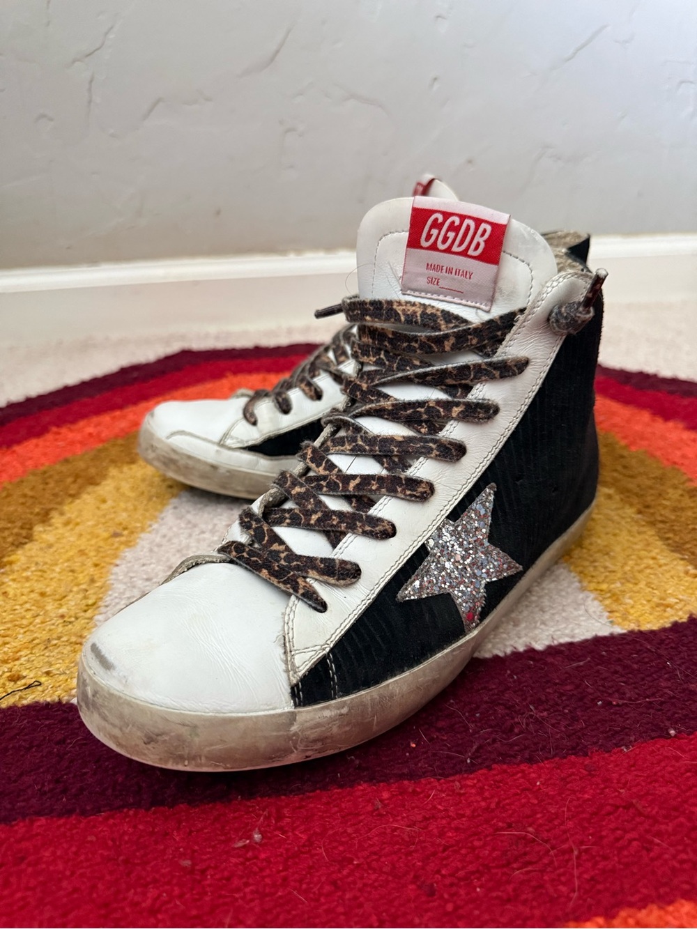 Golden Goose White & Black High-Top Sneaker with Glitter Star